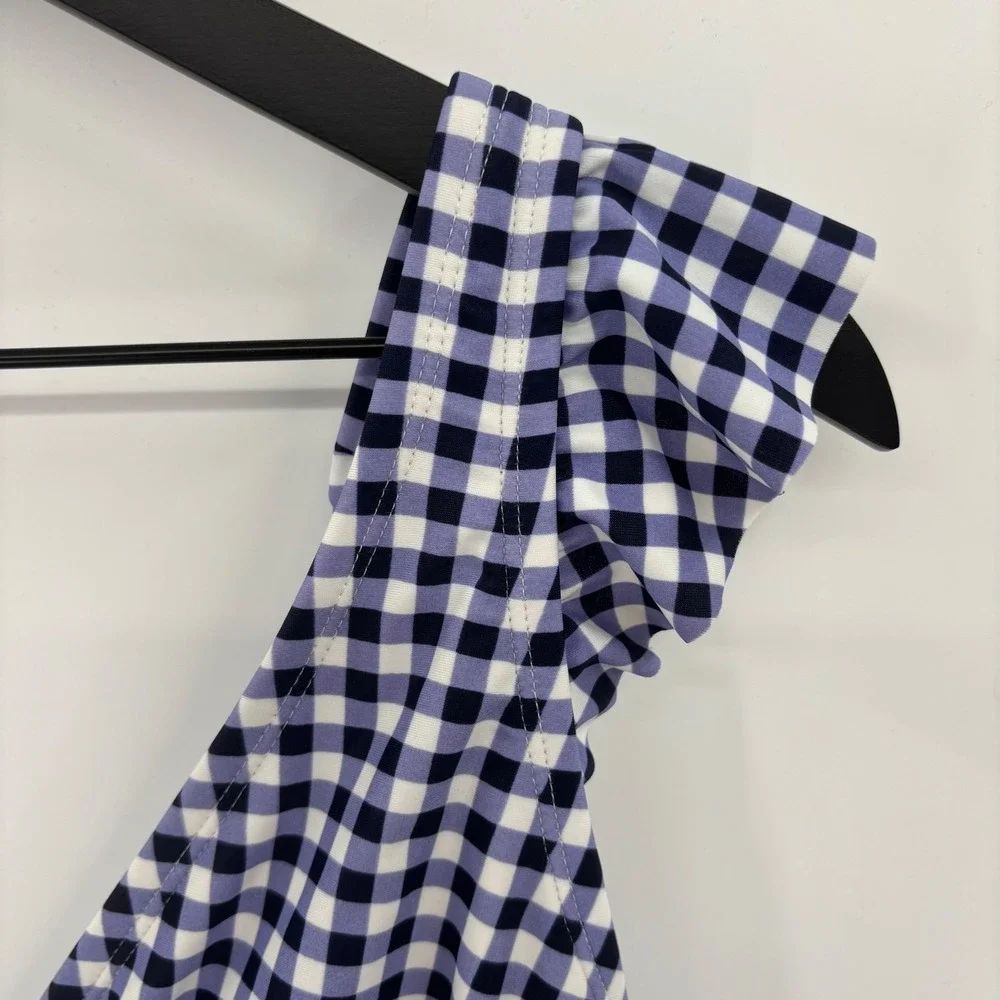 Kona Sol One‎ Piece Swimsuit Womens 16W Navy Blue Gingham Ruffle V-Neck Vacation